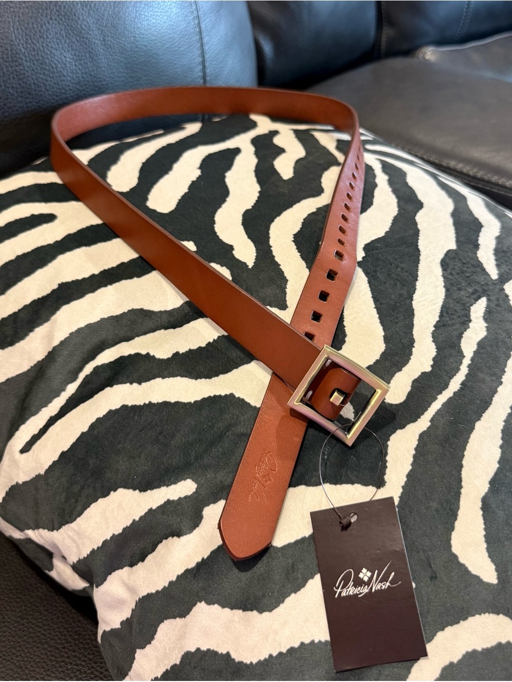 Patricia Nash Brown Tan Leather Belt with Brass Square Buckle NWT
